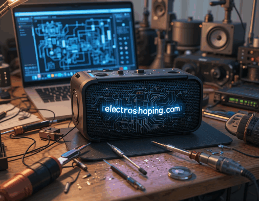 Components and tools required to build a high-quality DIY Bluetooth speaker, including drivers, amplifier board, battery, and soldering tools.