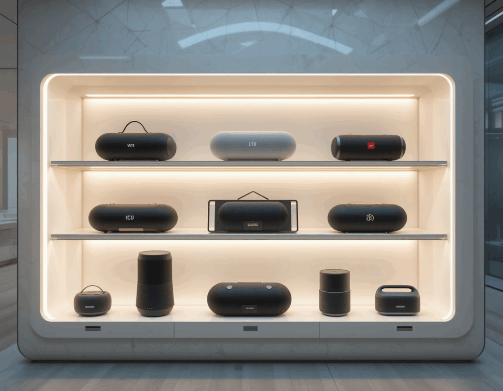 Comparison chart of best Bluetooth speakers under $100, $200, and $300 with features like waterproof rating, battery life, and audio quality.