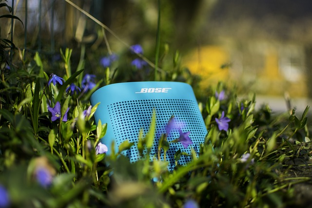Portable waterproof Bluetooth speaker on a picnic table in a sunny outdoor park.