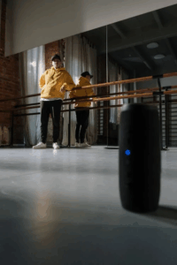 A close-up of a Bluetooth speaker with warranty documents