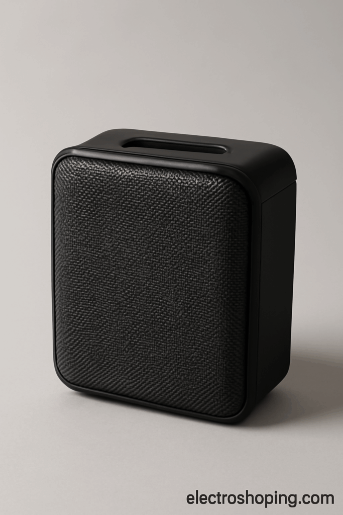 Portable Bluetooth speaker on a table, showcasing its modern design and compact size.